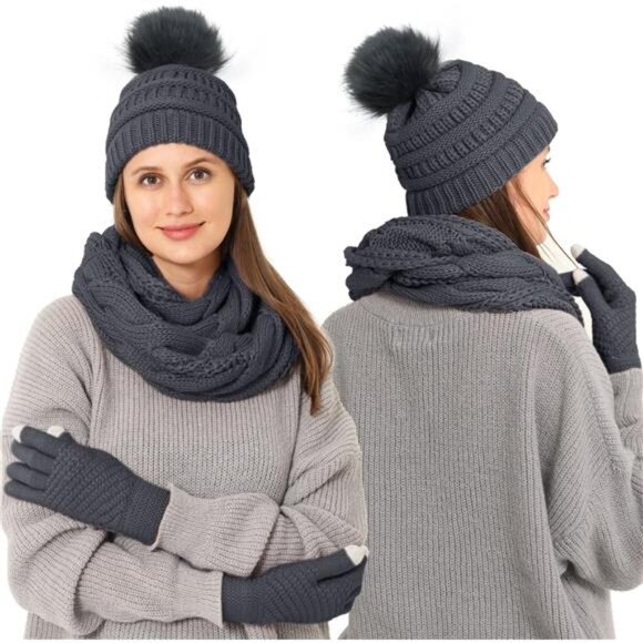 3pcs Women's Winter Beanie Hat Scarf and Touch Screen Gloves Set - Picture 5 of 5
